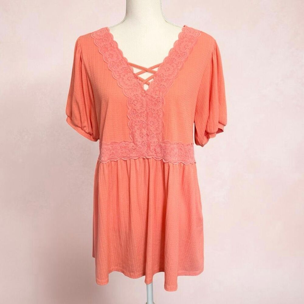 Torrid Coral Soft Knit Lace Trim Babydoll Top Sz 1X